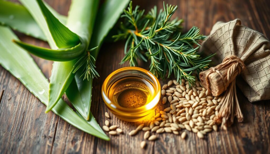 A beautifully lit, high-quality close-up photograph of a variety of natural hair growth remedies, including fresh aloe vera leaves, rosemary sprigs, a small bowl of castor oil, and a bunch of fenugreek seeds. The items are arranged artfully on a rustic wooden surface, creating a warm, earthy, and inviting atmosphere. The lighting is soft and diffused, highlighting the textures and colors of the natural ingredients. The image has a shallow depth of field, ensuring the focus is on the foreground elements while the background is pleasantly blurred. The overall aesthetic is clean, minimalist, and visually appealing, perfectly suited to illustrate a section on daily natural hair growth remedies.