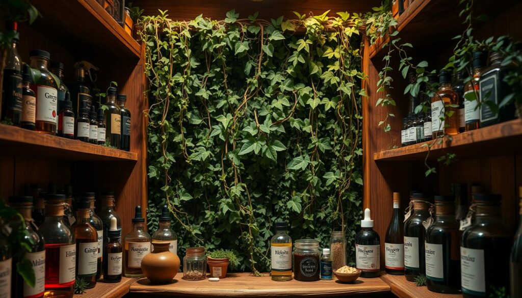 A dimly lit, cozy apothecary setting with an array of natural hair growth remedies arranged on wooden shelves. In the foreground, an array of potions, tinctures, and botanical ingredients, including ginger, rosemary, biotin, and saw palmetto, are displayed in elegant glass bottles and jars. The middle ground features a lush, verdant backdrop, with trailing vines and leafy plants cascading down the shelves, creating a sense of natural abundance. Soft, warm lighting illuminates the scene, casting a golden glow and highlighting the natural textures and hues of the remedies. The overall atmosphere is one of wellness, vitality, and holistic solutions for hair growth and health.