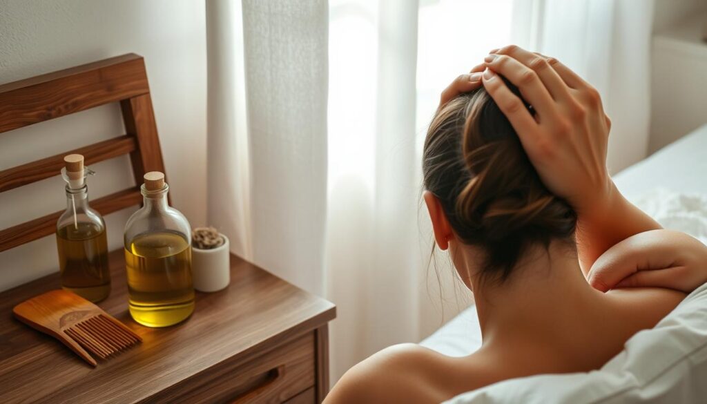 A serene bedroom scene, soft natural light filtering through the curtains. On a wooden nightstand, an array of natural hair care products - a glass bottle of fragrant hair oil, a bamboo comb, and a small ceramic bowl filled with dried herbs. In the foreground, a person's hands gently massaging the scalp, their fingers moving in circular motions, stimulating the roots. A sense of calm and focus pervades the scene, as the person practices a simple, mindful hair growth routine. The atmosphere is one of self-care and nourishment, an intimate glimpse into a personal ritual.