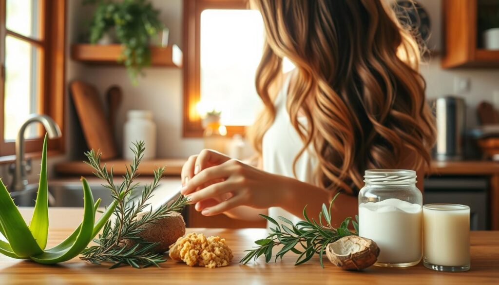 A sunlit kitchen counter with an array of natural ingredients for hair growth - fresh aloe vera leaves, rosemary sprigs, grated ginger, and a jar of coconut oil. In the foreground, a woman's hands carefully preparing a homemade hair mask, her hair cascading in soft waves. The warm lighting and rustic wood accents create a cozy, inviting atmosphere, conveying the idea of effective, natural solutions for healthy, vibrant hair.