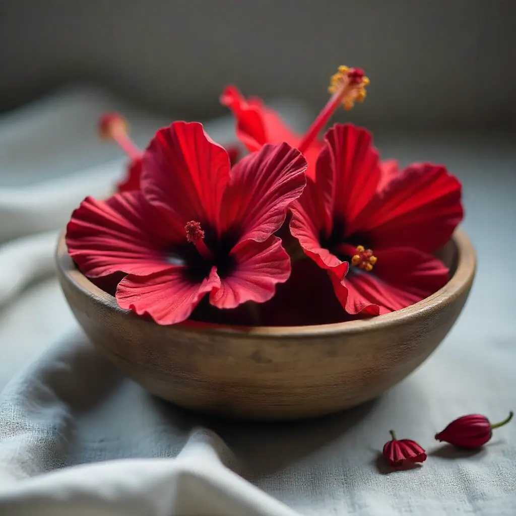 Red hibiscus flowers in a wooden bowl used for natural hair growth remedies