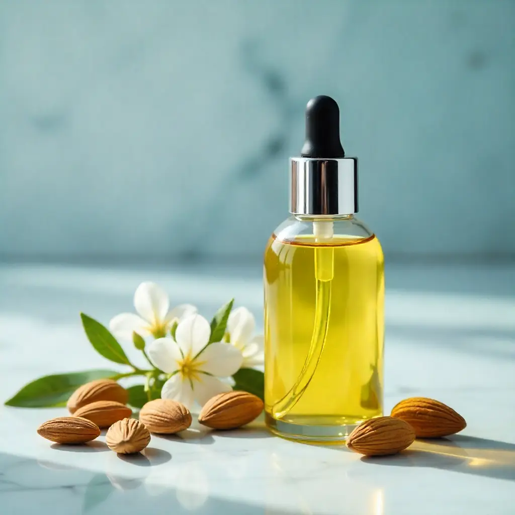 Glass bottle of almond oil with flowers showing natural hair oil benefits | naturelov.com