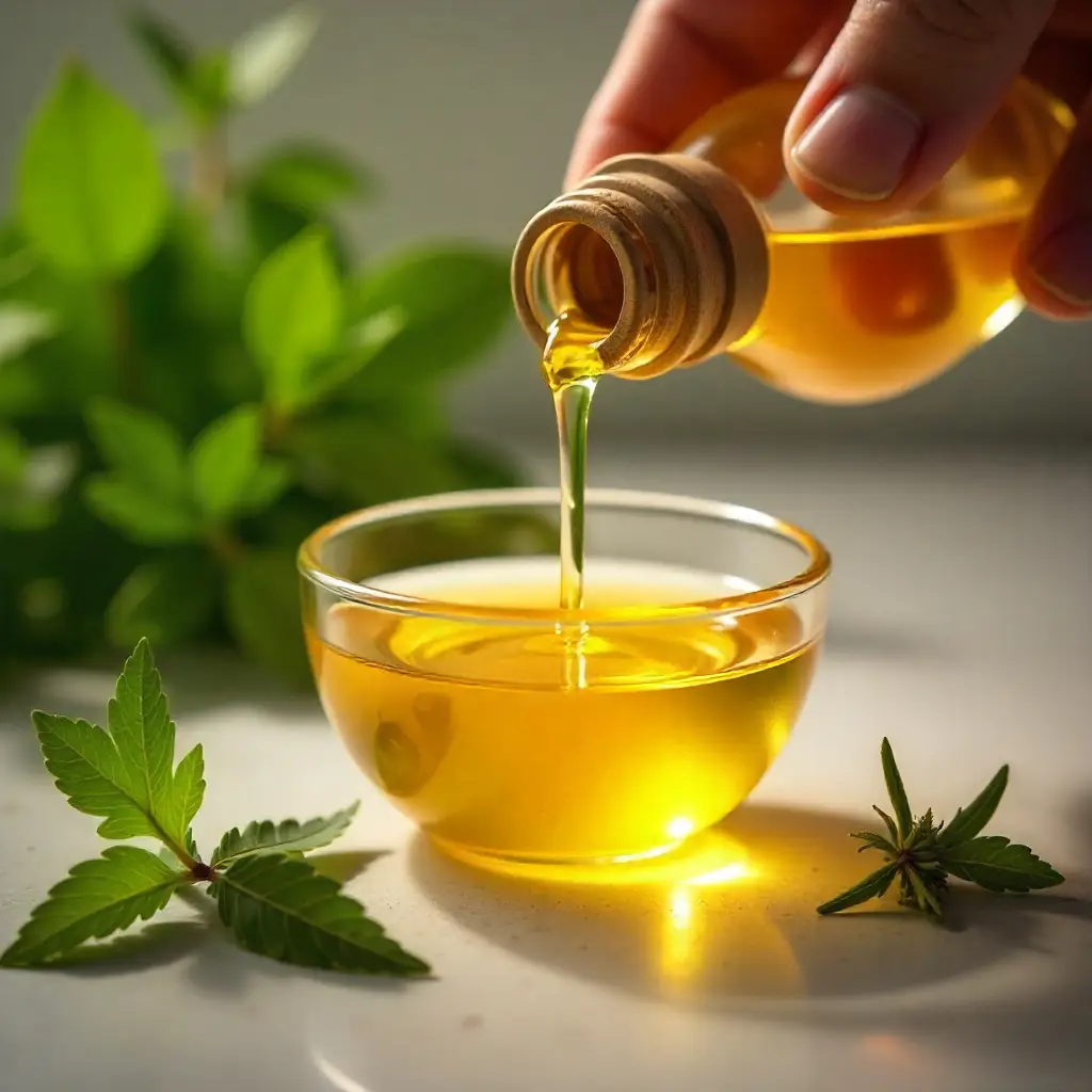 Golden herbal oil being poured into a glass bowl, showcasing natural hair oil benefits | naturelov.com