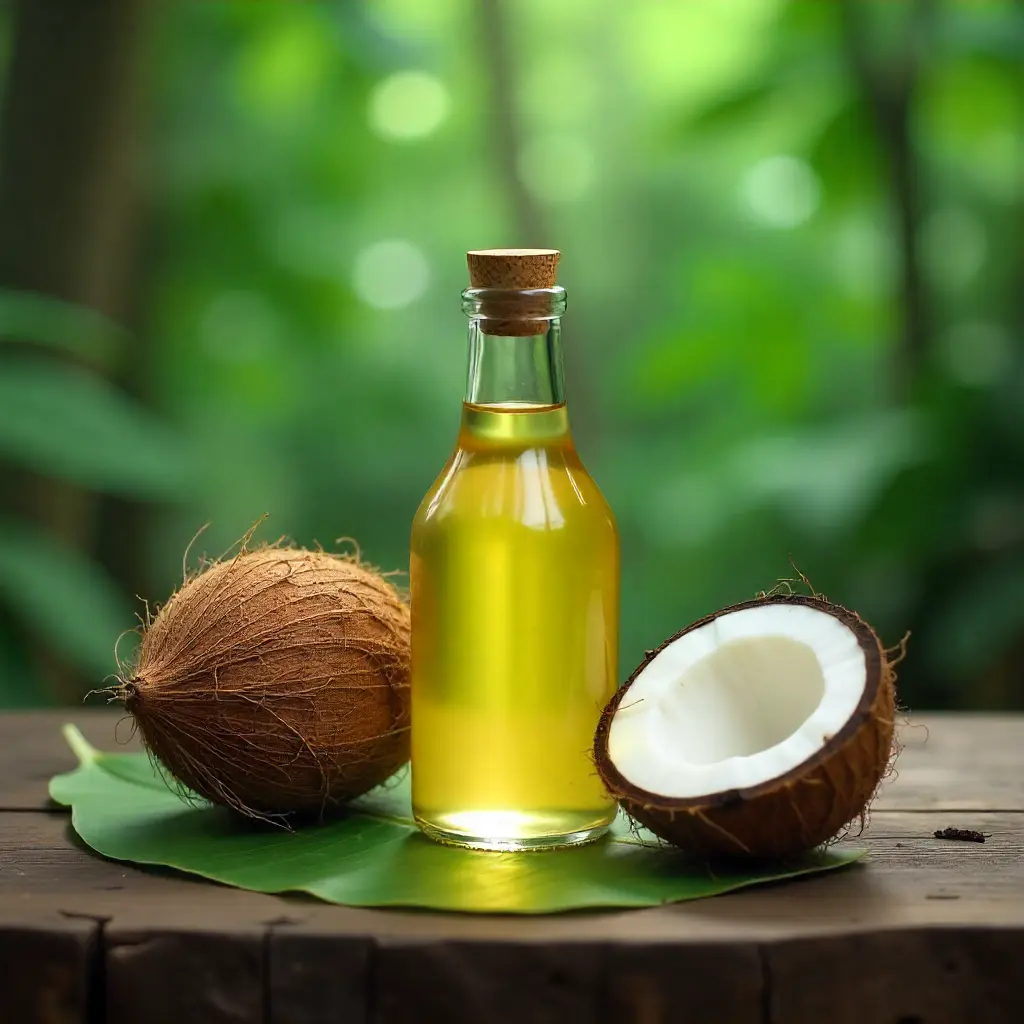Coconut oil bottle with coconuts used in natural hair growth remedies