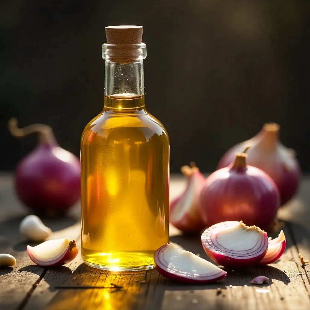Bottle of onion oil on table showing natural hair oil benefits| naturelov.com