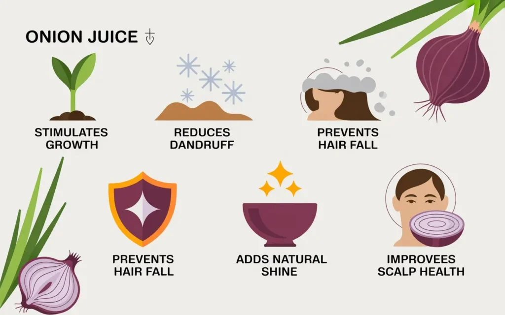 Infographic showing key benefits of using onion juice on hair for growth and shine