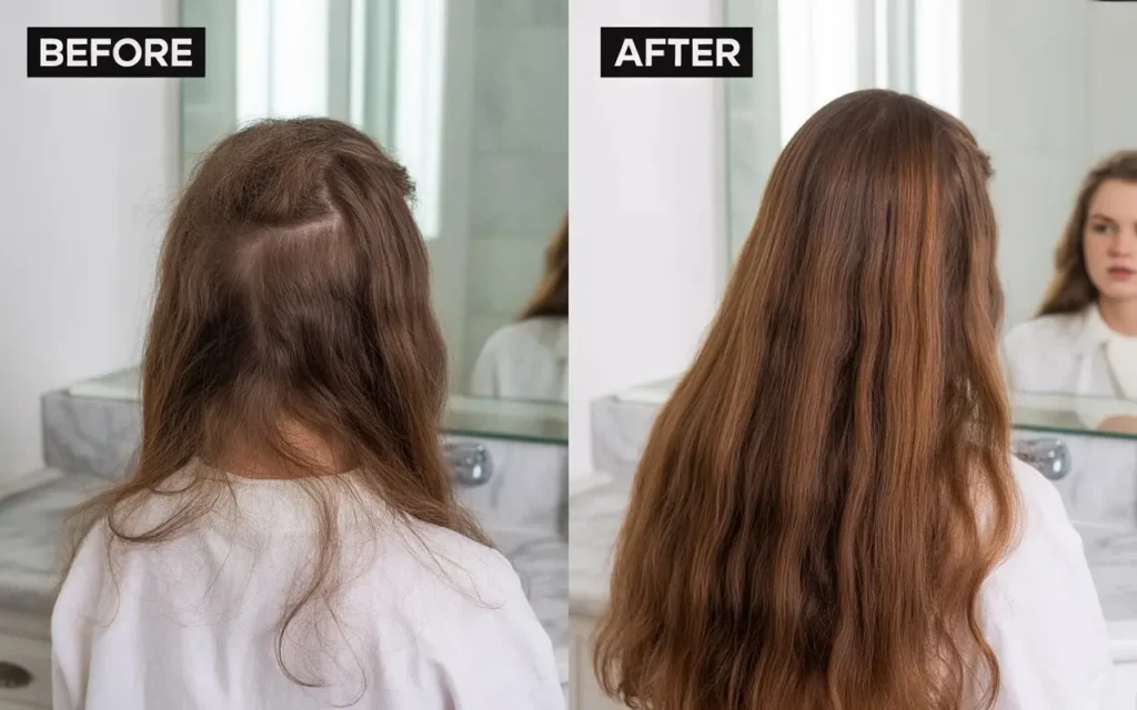 Before and after results of using onion juice on hair for visible growth and shine