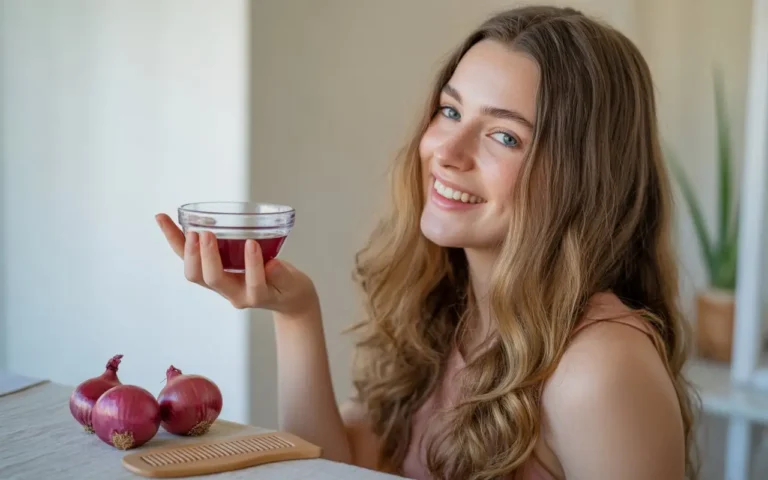 Woman applying onion juice on hair for smooth, shiny, and healthy growth