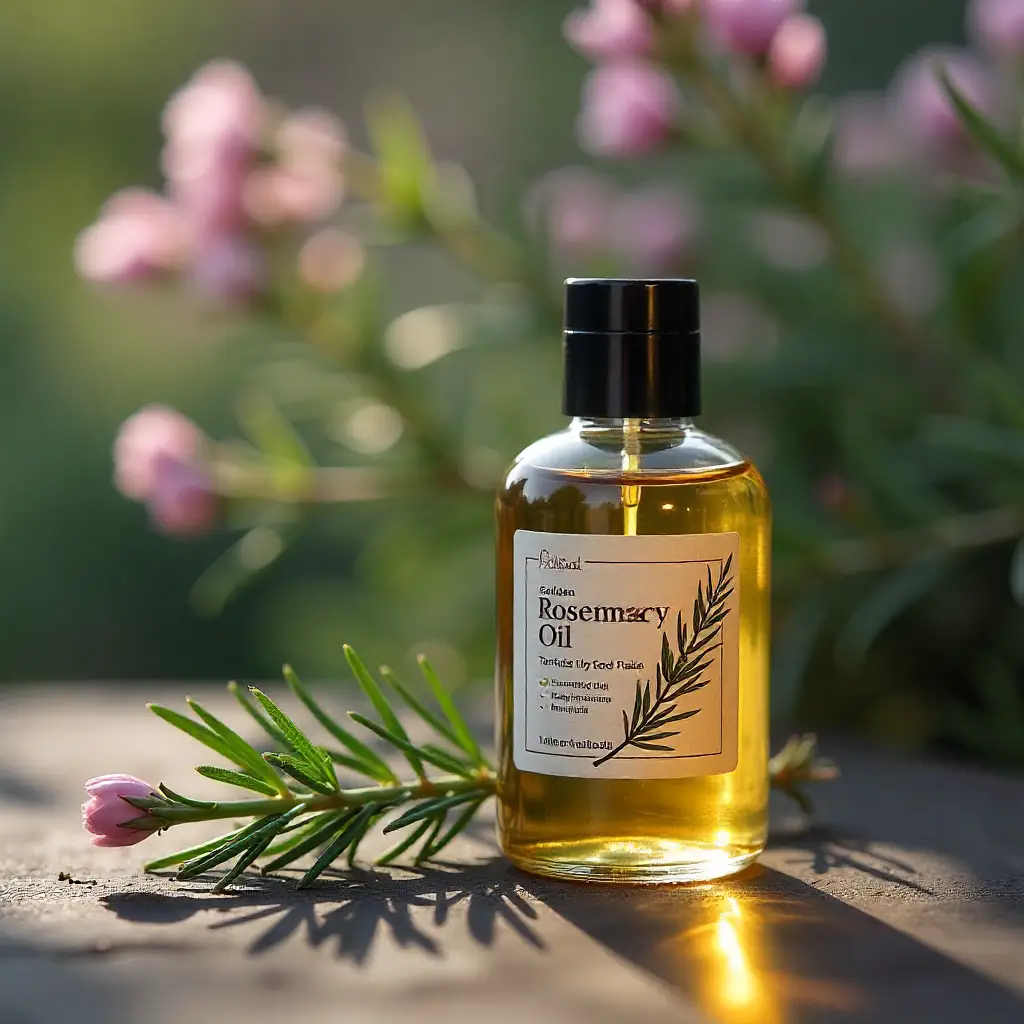Glass bottle of rosemary oil with herbs, highlighting natural hair oil benefits | naturelov.com