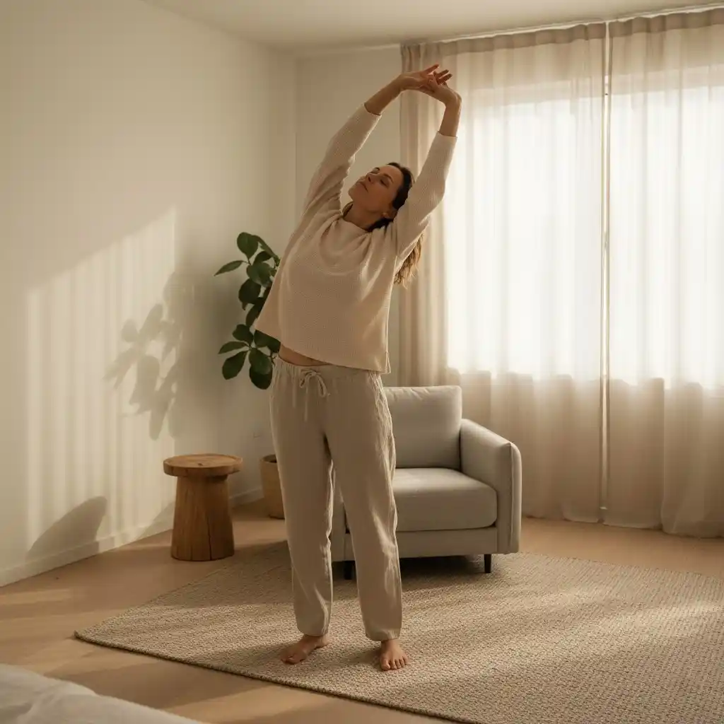 Woman stretching at home, representing how to increase hair density naturally