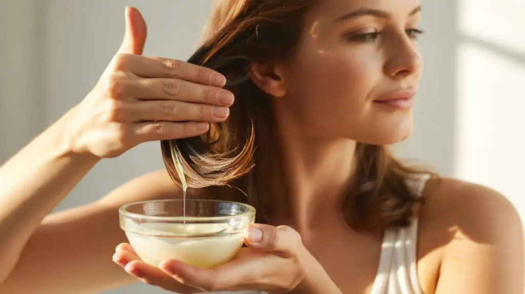 Woman applying oil to her hair, demonstrating how to use coconut oil for hair care