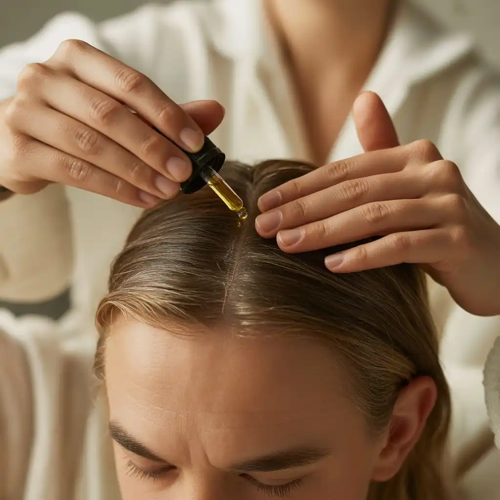 Close-up of hands applying oil during scalp massage, showing will scalp massage help hair growth